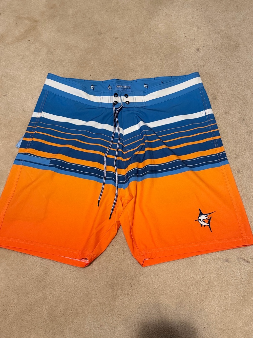 NWT Men's Blue and Orange Striped Boardshorts - Sz 34 Marlin Logo